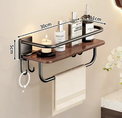 étagère salle bain bois marron foncé moderne fixée mur sans perçage réutilisable multifonctionnelle