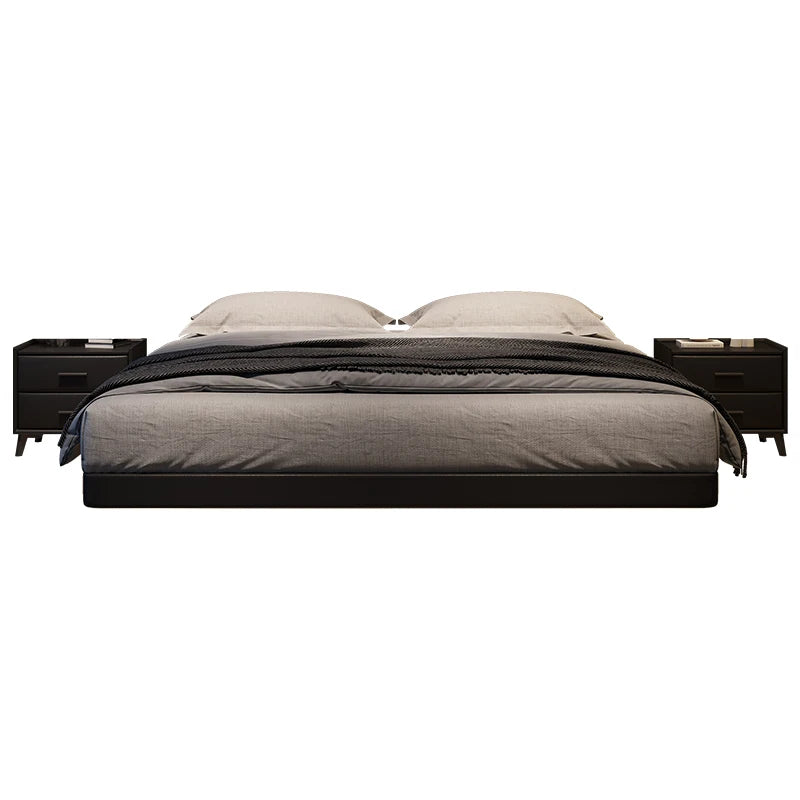lit double moderne minimaliste tables chevet bois marron gris couverture noire