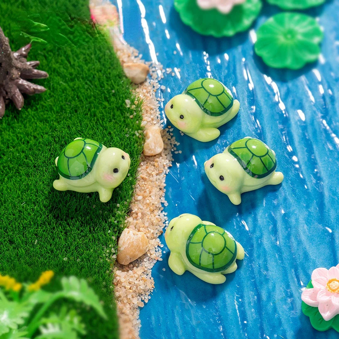 ornements miniature tortues résine vert jaune rayures cartoon coquilles galets feuilles lotus 14+