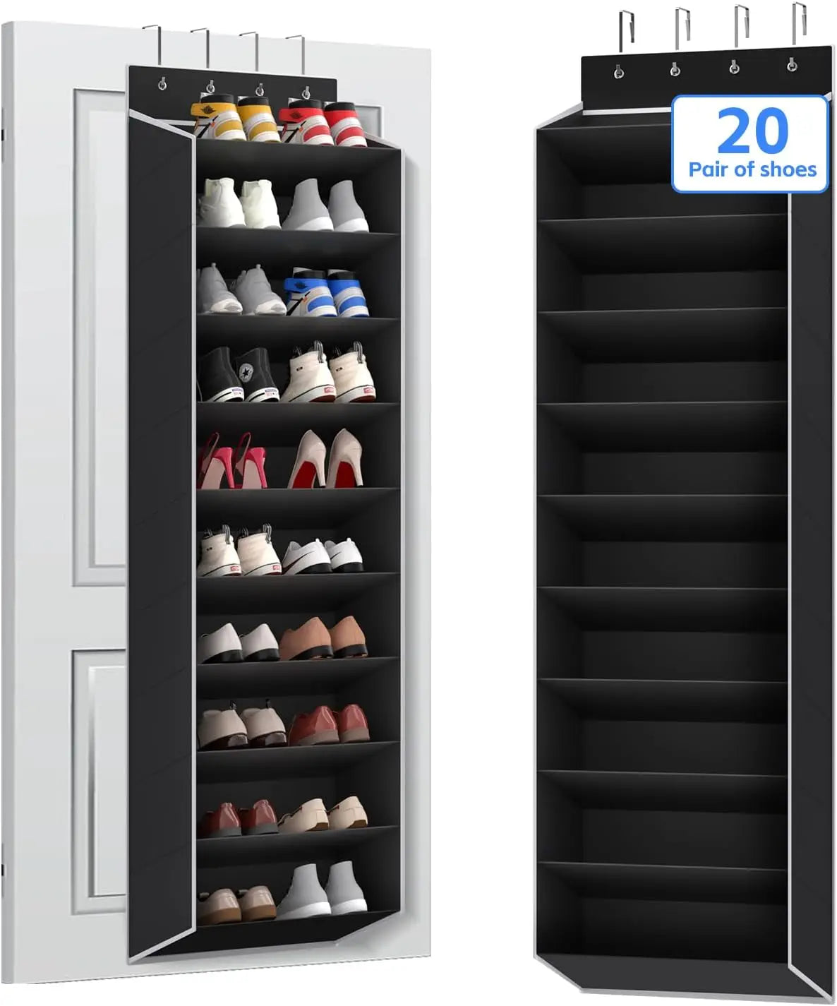 organisateur suspendu chaussures 20 paires tissu compartiments crochets métalliques minimaliste 74 pouces hauteurs