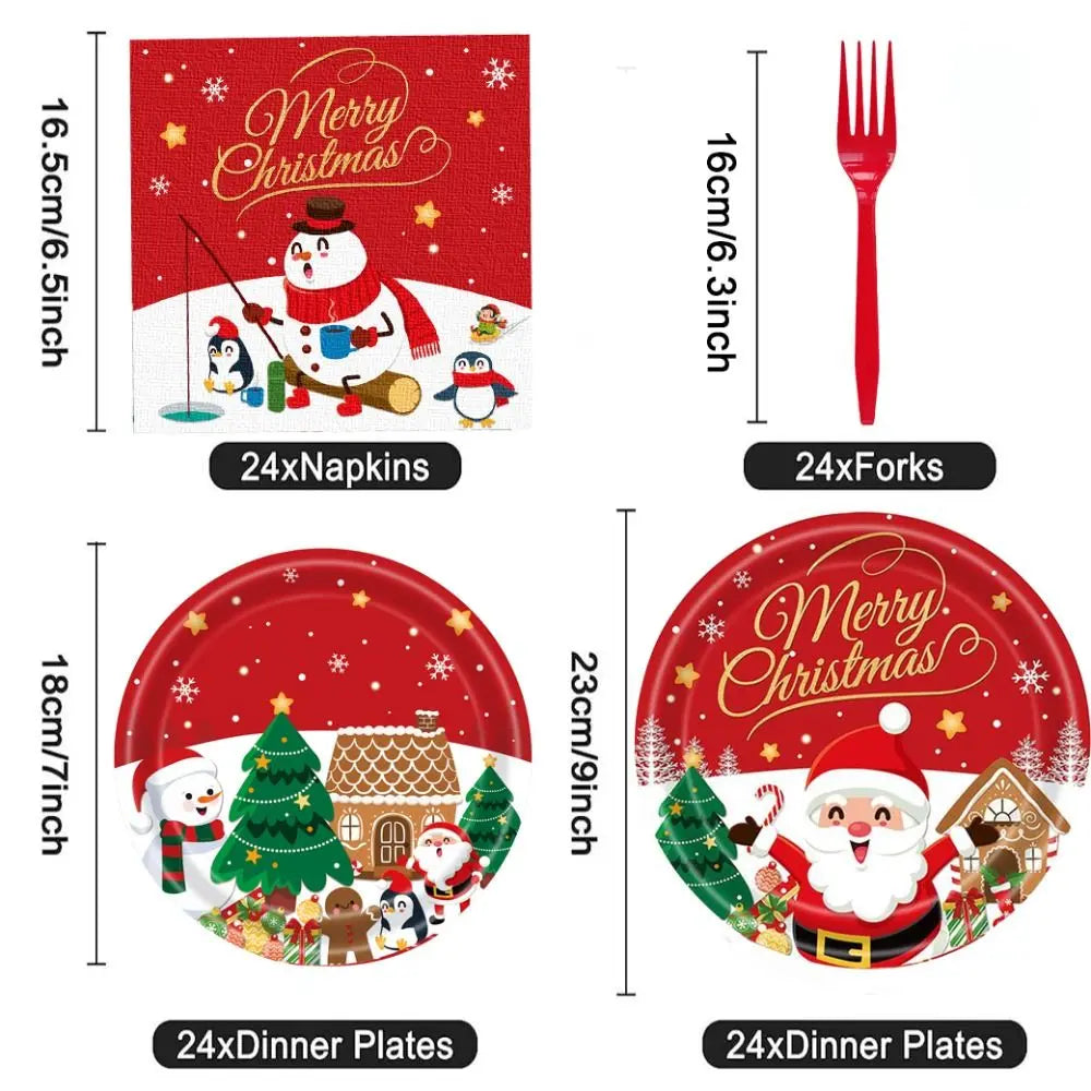 vaisselle noël 24 pièces assiettes fourchettes couteaux serviettes père noël motifs traditionnels rouge blanc