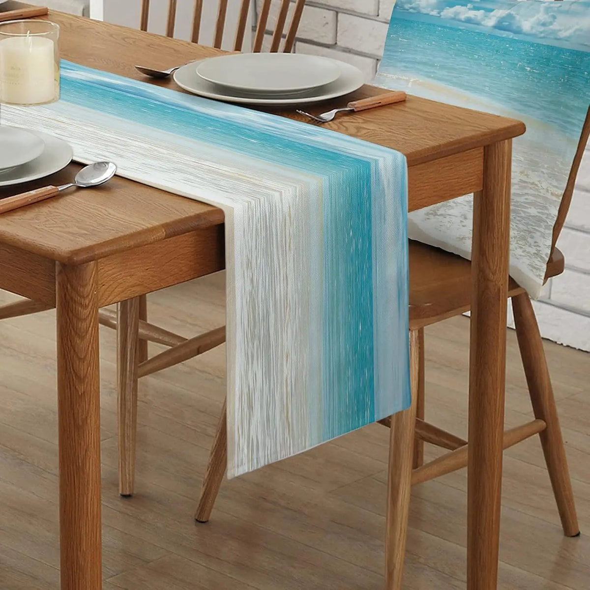 tableau chemin table lin blanc bleu clair rayures horizontales été moderne minimaliste