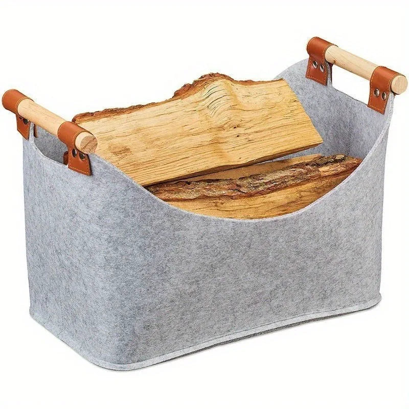 panier bois chauffe feutre gris foncé pliable poignées cuir moderne rangement sac transport large