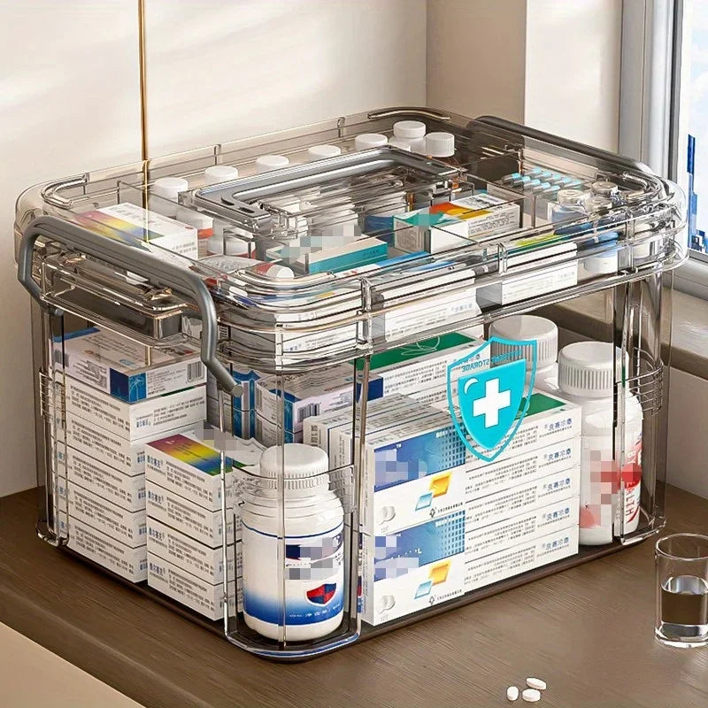 boîte rangement médicaments transparente étanche réutilisable urgence compartiments poignée moderne