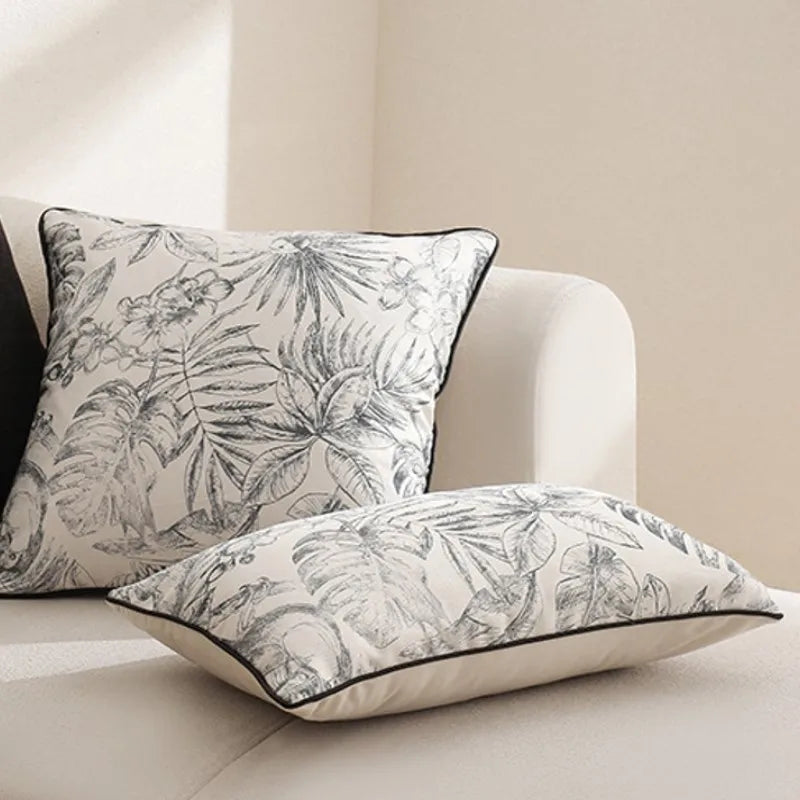 housse coussin moderne motif végétal noir beige adhésif tassel salon 30x50cm 45x45cm amovible lavable