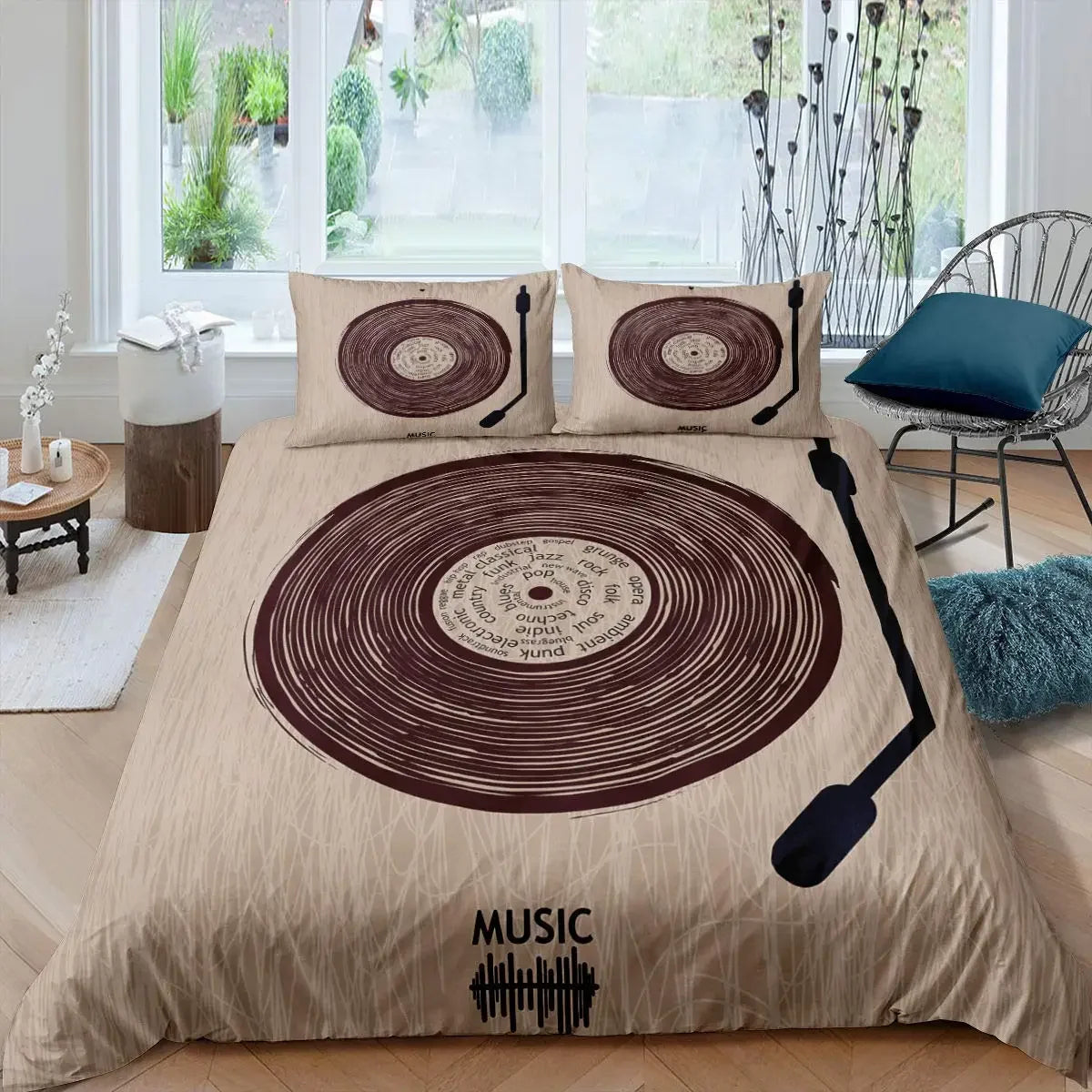 Détail du motif de notes de musique sur la housse de couette