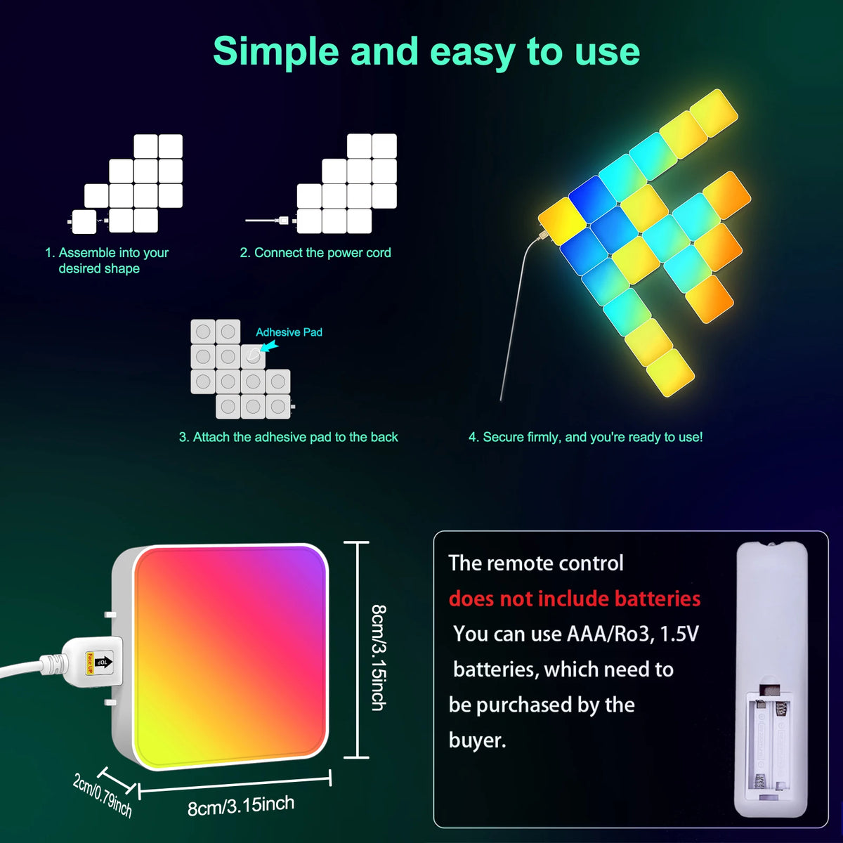 lampe led modulable multicolore pixel art télécommande adhésif contemporain minimaliste fixations inclusées