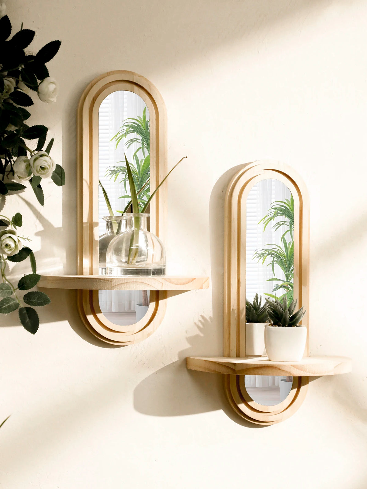 miroir étagère bois clair bohème fixation pratiqueintérieur deco salon chambre plantes stands