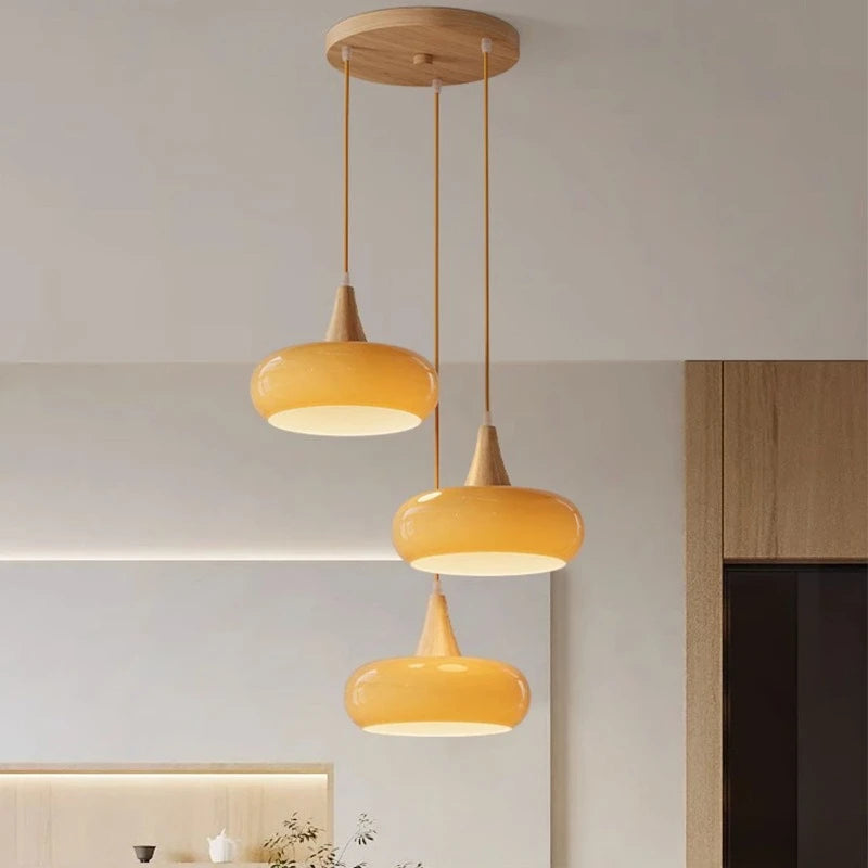 suspension lumineuse moderne orange bois naturel opacité chaînes métalliques salon restaurant étude chambre exposition