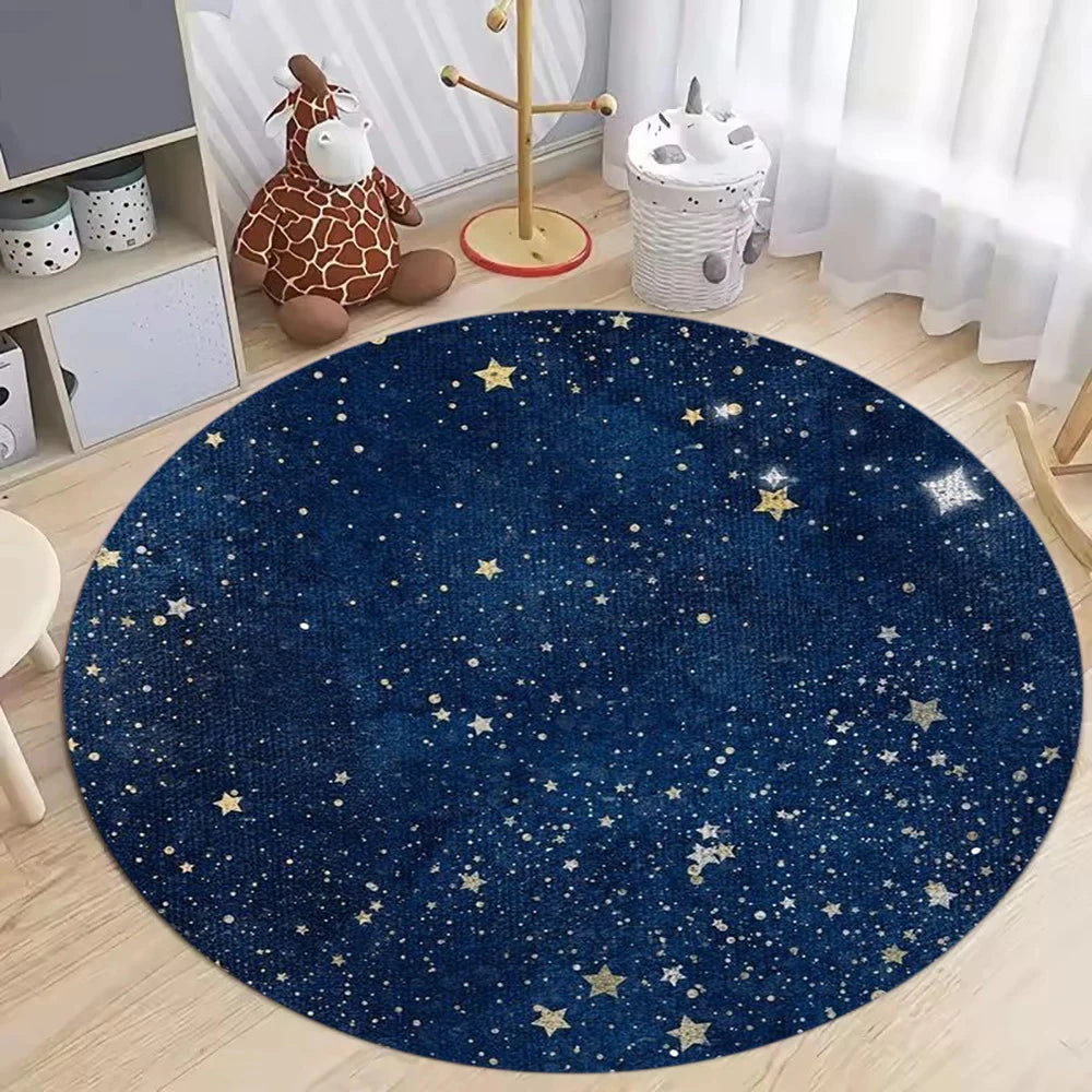 tapis rond moderne étoiles dorées bleu nuit noir blanc anti dérapant polyesterextérieur chambre