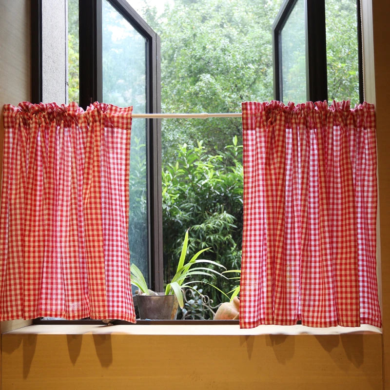rideau vichy rouge blanc rustique semi transparent tringle fenetre pastorale coton polyester