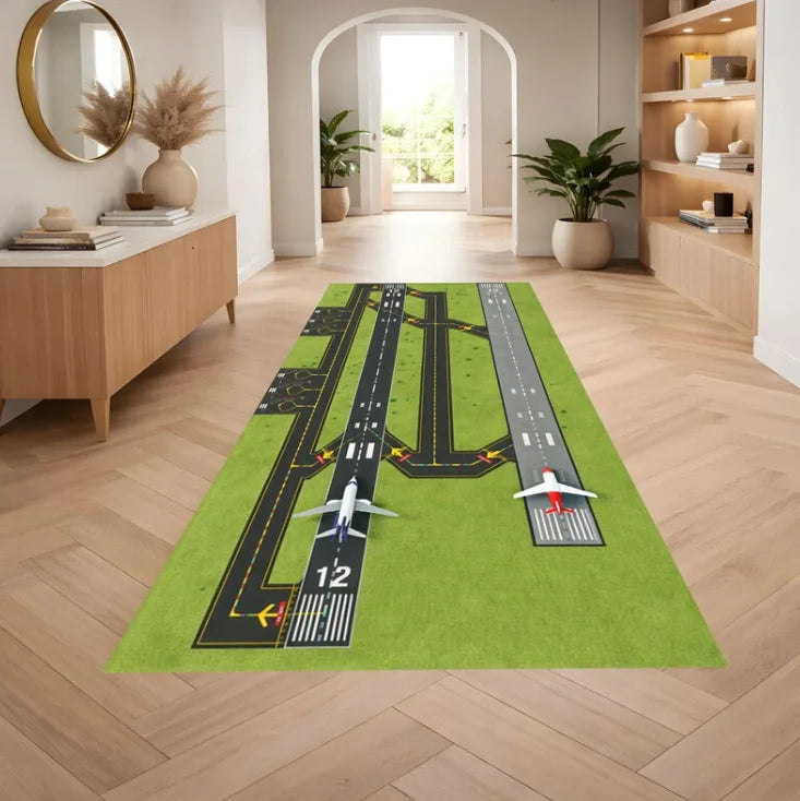 tapis décoratif aviation motifs pistes avions numéros marquages sols couleur verte moderne enfants salon