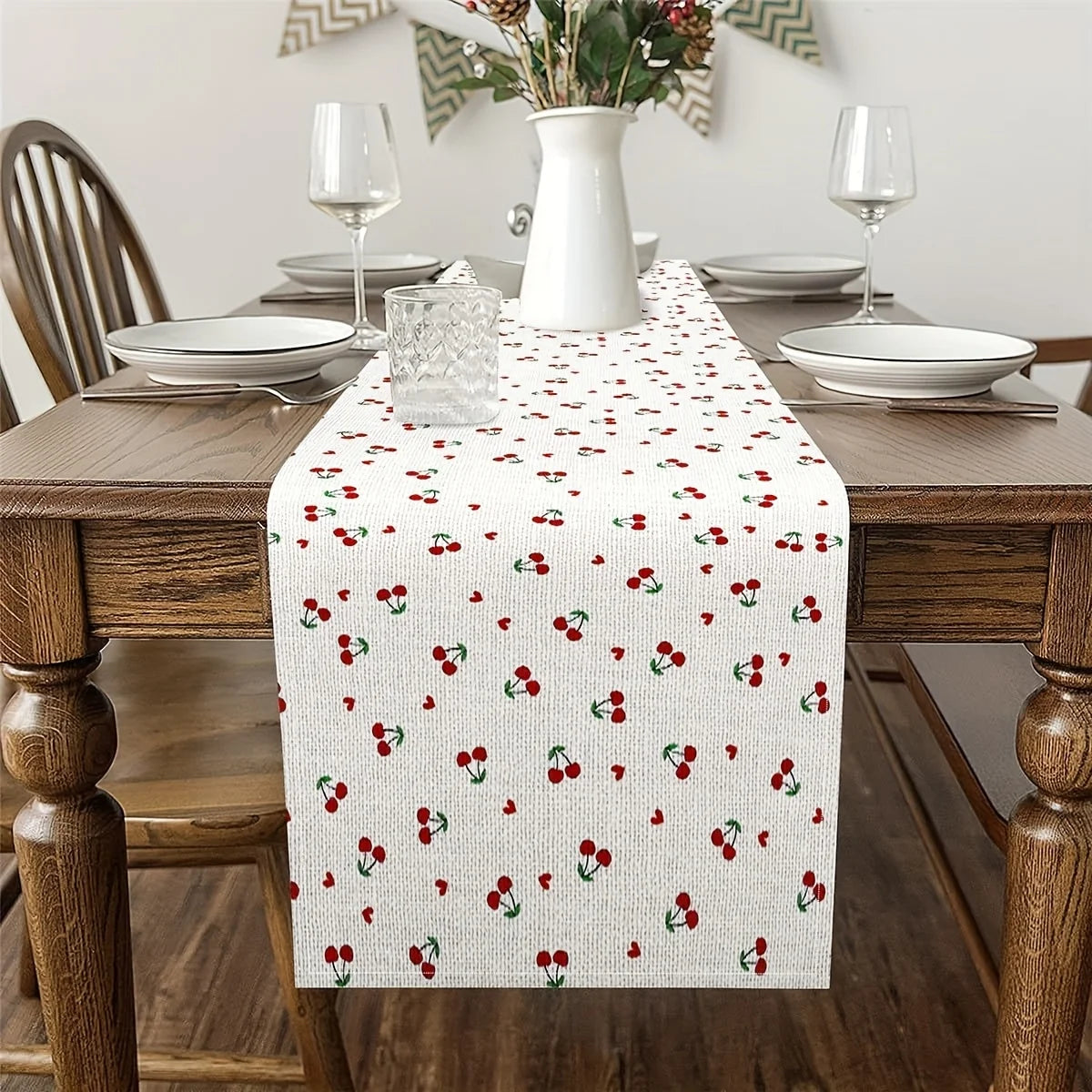 tableau table rectangulaire tissage motifs fruits cerises plantes blanc rouge vert décoration printemps été