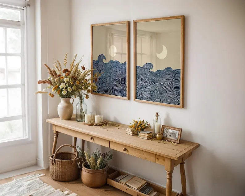 affiches modernes minimalistes abstraites lune ondes stylisées beige bleu marine blanc sans cadre