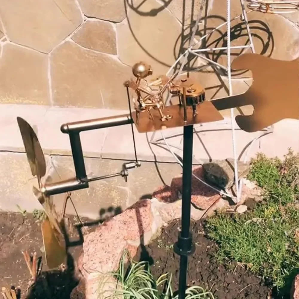 sculpture artistique steampunk musicien batterie métal bronze industrielleextérieur patio decoration
