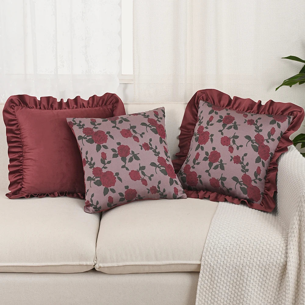 taies d'oreiller jacquard fleur roses rouges feuilles vertes vintage opacité fixation oreillettes maison lit