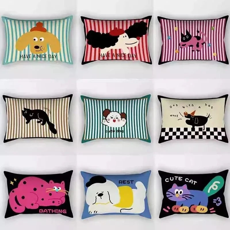taies d'oreiller kawaii rayées chats chiens moderne enfants chambre decoration maison 30x50cm 40x60cm 50x70cm