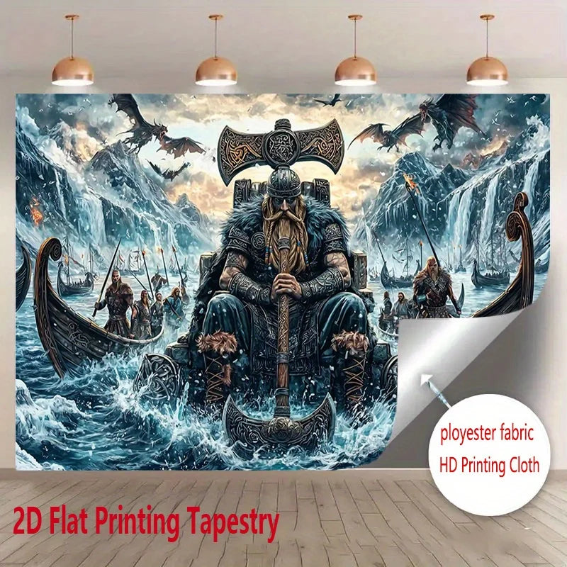 tapisserie viking bleu noir trône hache bateau dragon salon artique fantastique