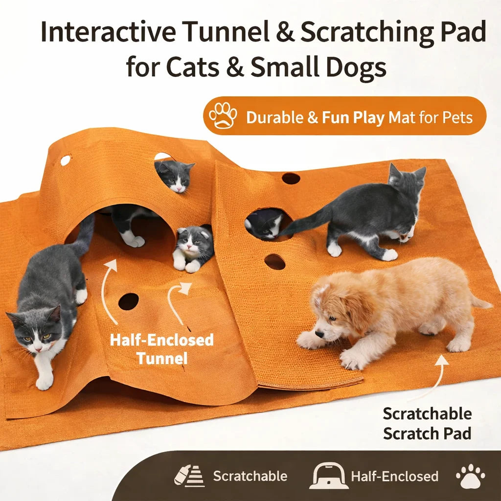 tapis d'activités chats tunnel jeu orange marron texture poilue ouvertures escalade saut exercices quotidien