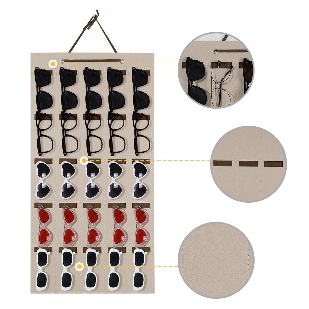 présentoir mural suspendu organiser lunettes soleil tissu feutre beige noir rouge blanc bleu utilitaire