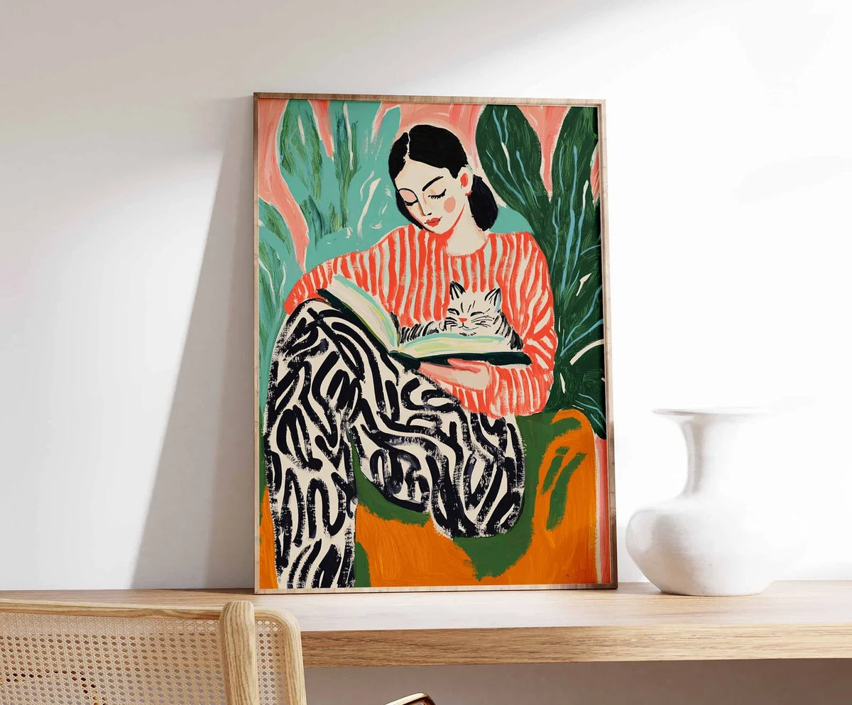 tableau illustration femme chat abstraite moderne orange vert noir blanc