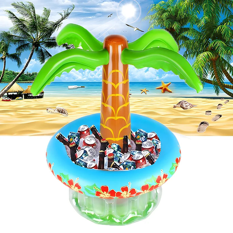 flotteur gonflable palmier boissons transparence verte bleu rouge tropical festif plage piscine