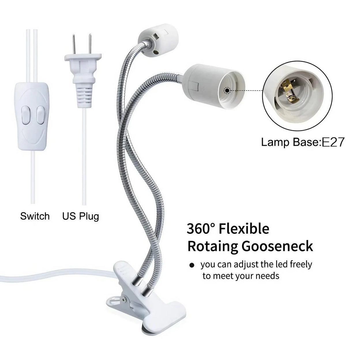 lampe pince flexible blanc moderne base e27 tige métallique réglable interrupteur prise us