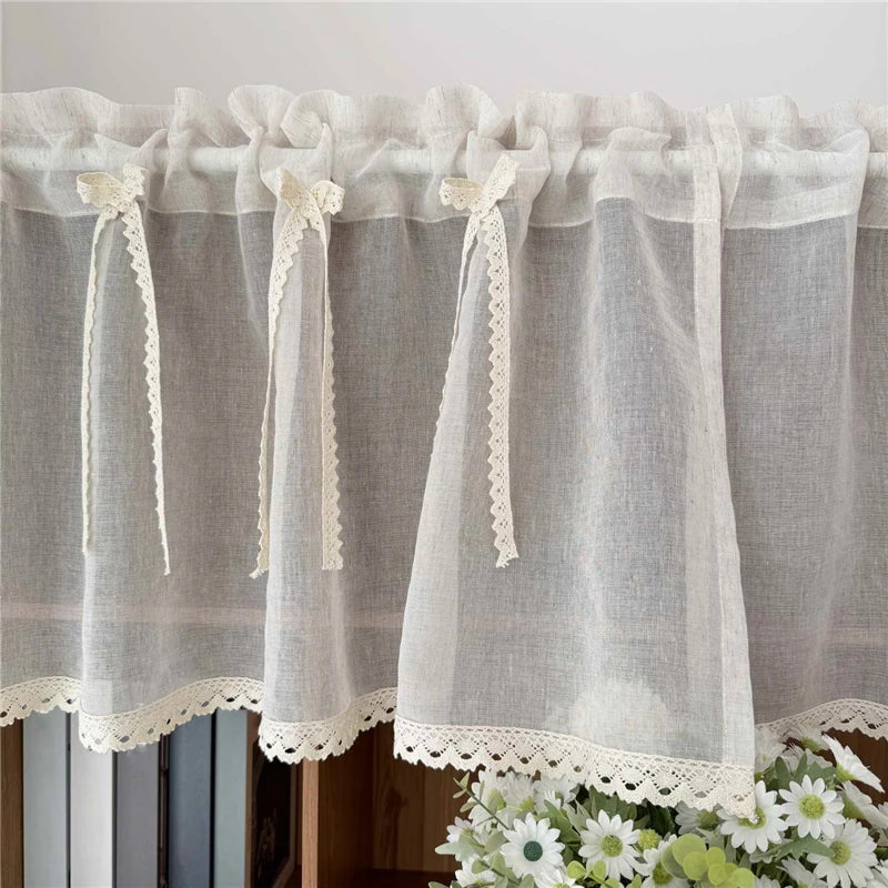 rideau transparent beige texturé dentelle bord fenêtre extérieure vintage rustique chambre décoration