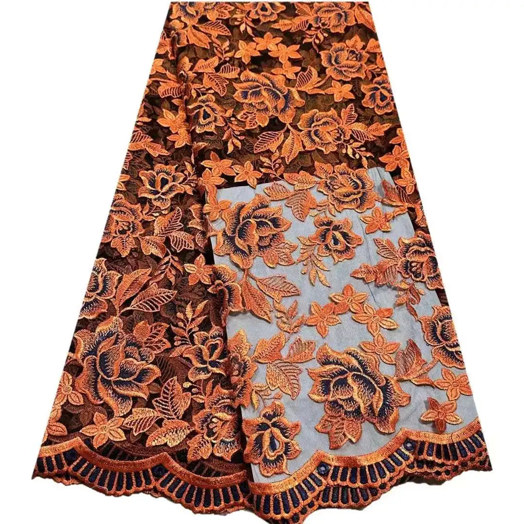tissu dentelle brodée fleurs feuilles vert foncé orange rose rouge occasion importante elegance