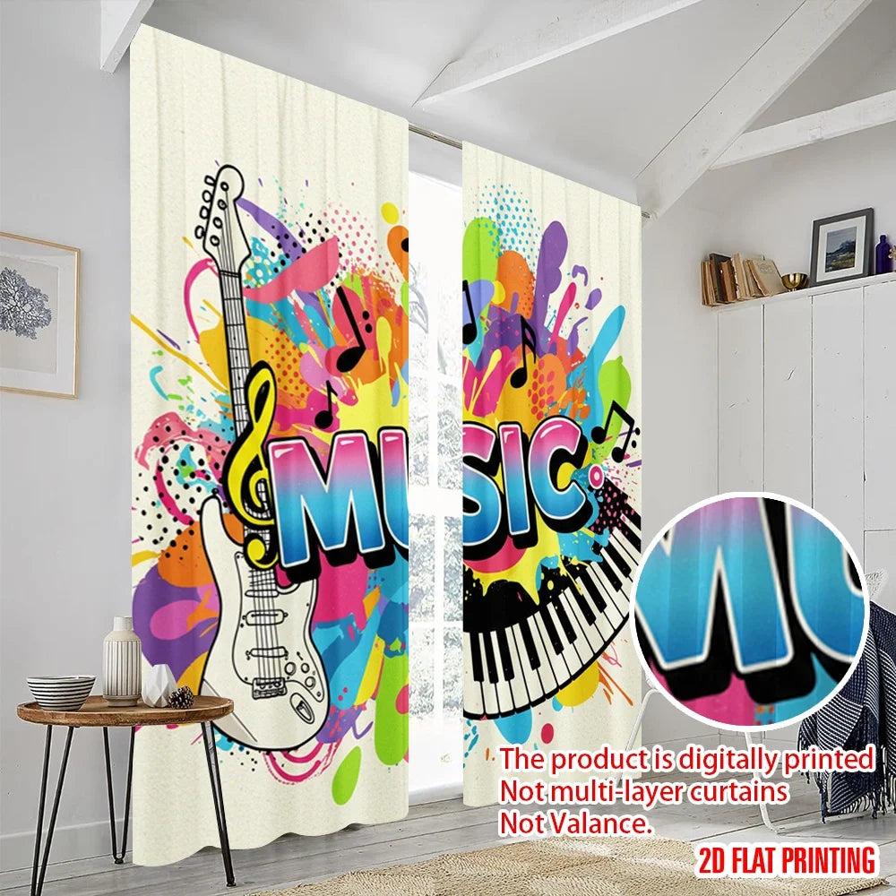 rideau moderne multicolore graphique notes musique opacité 100% polyester deux panneaux vibrant pop art