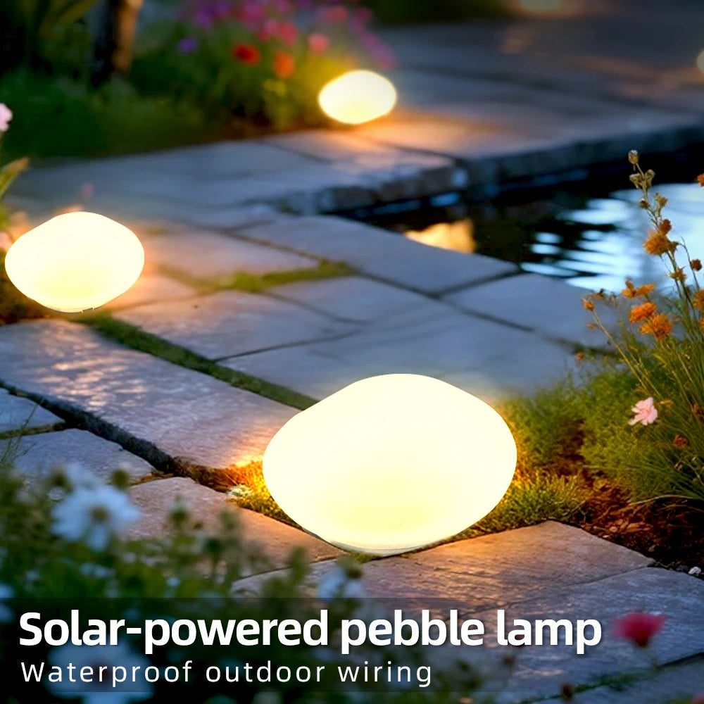 luminaire solaire led pierre imitation jardin decor exterieur blanc rose vert bleu moderne arrondi