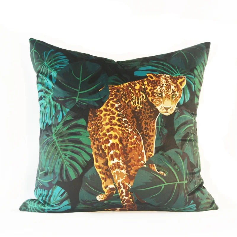 taie d'oreiller tigre léopard feuilles tropicales moderne housse coussin velours noir moutarde décoration salon