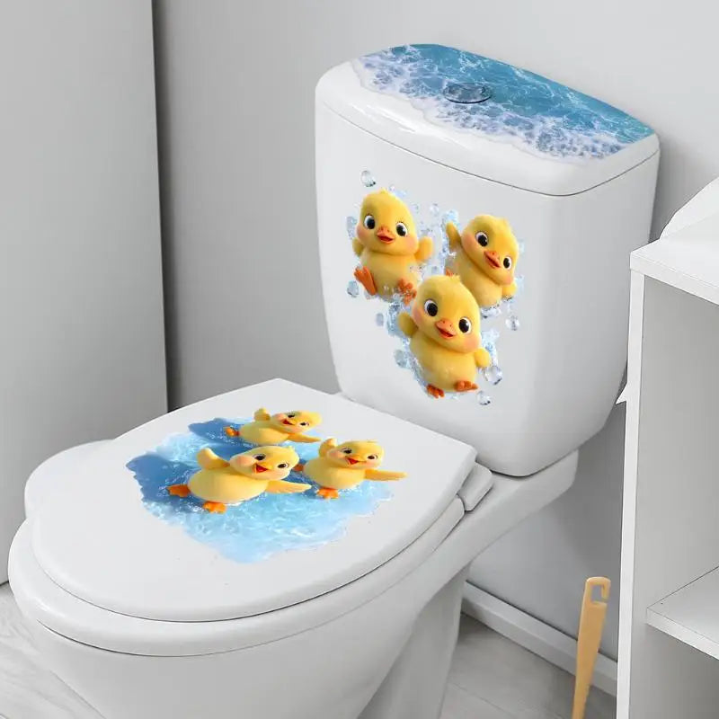 cache siège toilette adhésif oiseaux canard poussins vague eau blanc bleu marron jaune gris