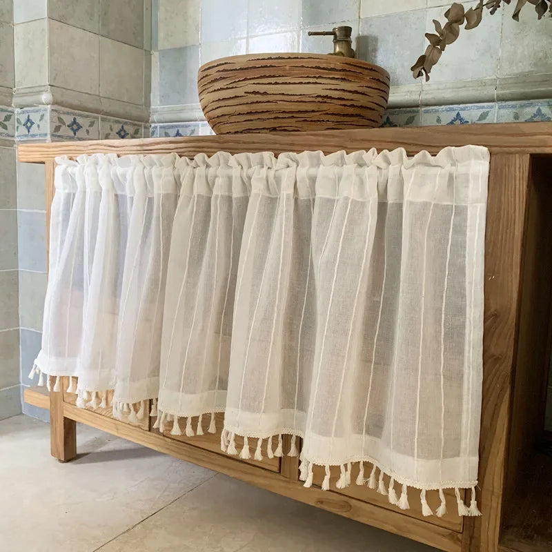 rideau voilage fenêtre bohème blanc cassé franges passe tringle semi transparent japonais
