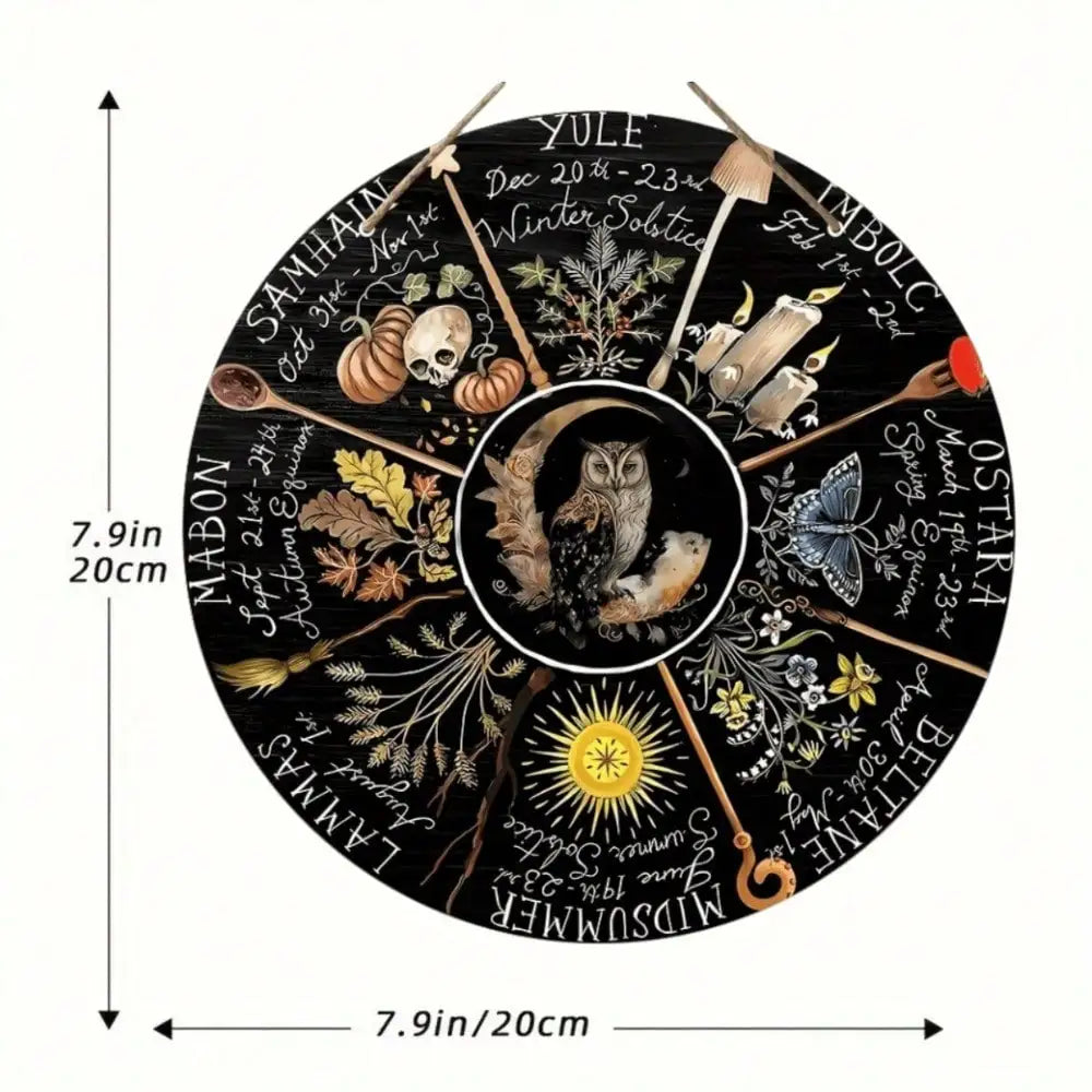 calendrier wicca décoration murale métal noir symboles saisons textes fixations murales artisanat illustratif spiritualité