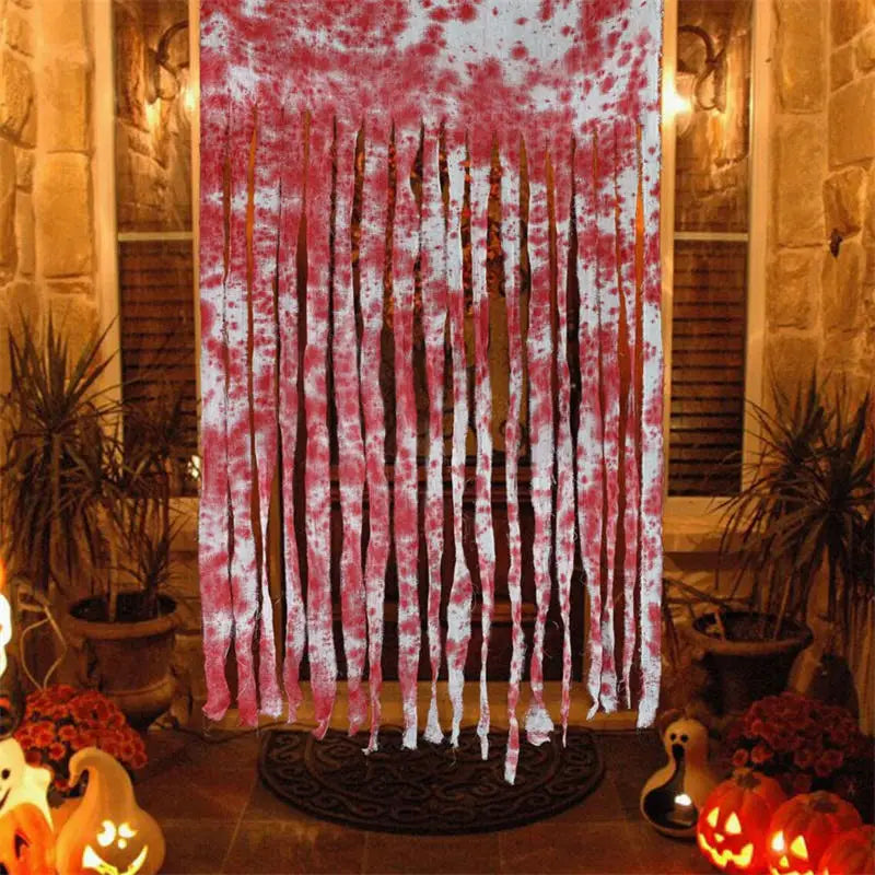 rideau halloween tissu blanc rouge taches rayures translucide ruban fixations 100cm 170cm