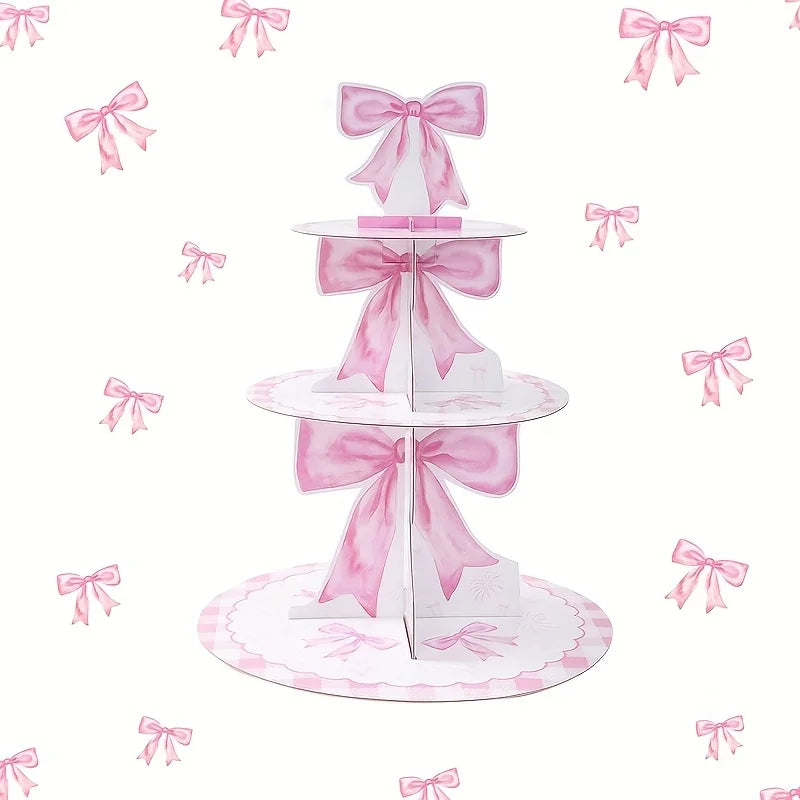 présentoir gâteaux trois niveaux papier rose blanc rubans aquarellés motifs carreaux décoration fête anniversaire