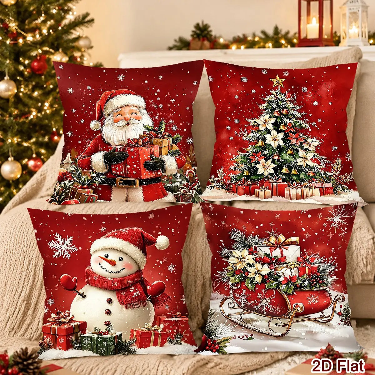 coussins noel père noel bonhomme neige decoration festive rouge blanc vert or