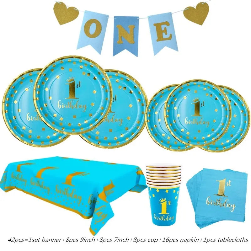 assiettes bleu clair anniversaire 1er anniversaire doré festif serviettes gobelets napkin tablecloth set festivités