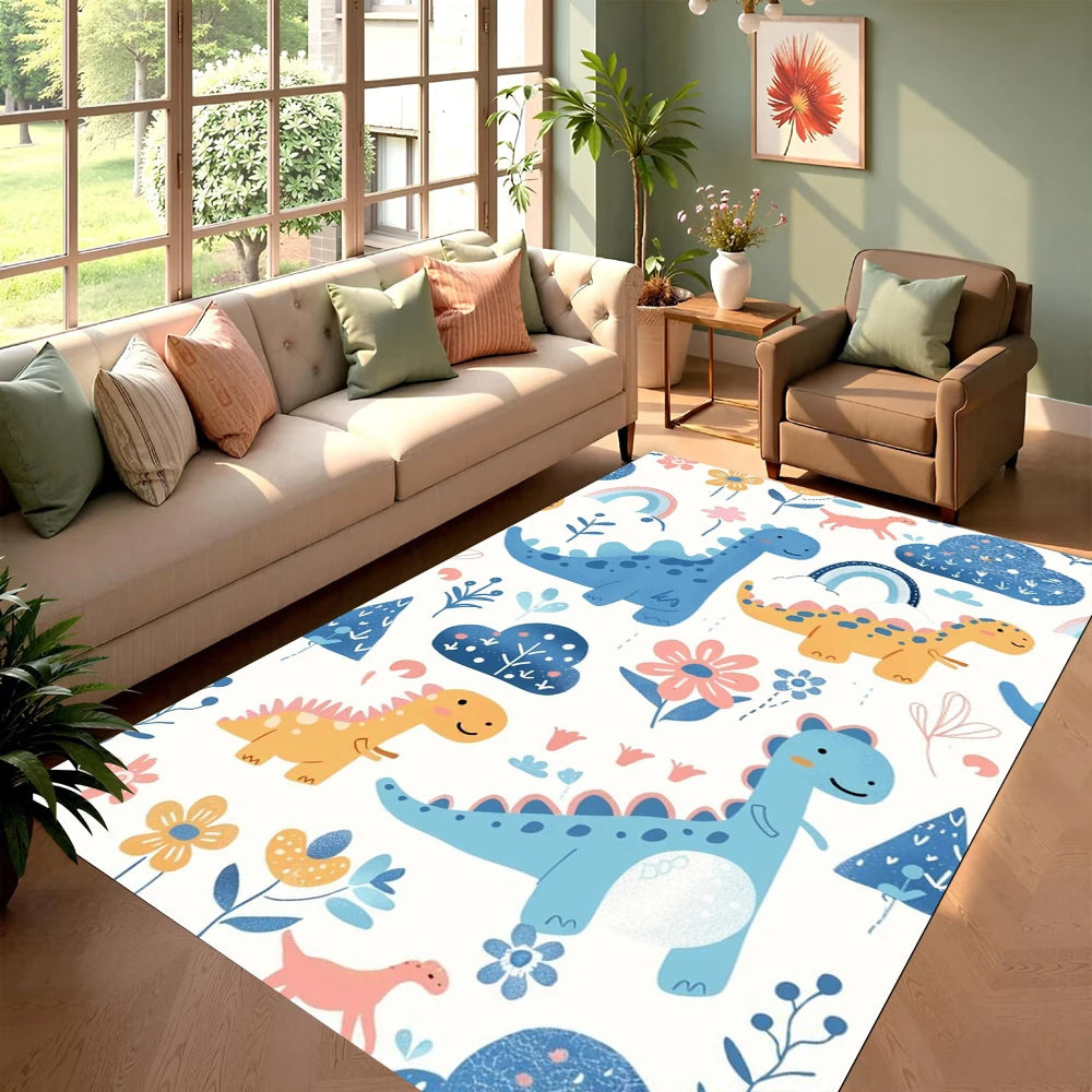 tapis moderne dinosaures mignons fleurs geometrique polypropylene polyester blanc bleu chambre salon durable
