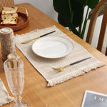 nappes table lin beige blanc motifs géométriques franges rustique bohème chaleureux