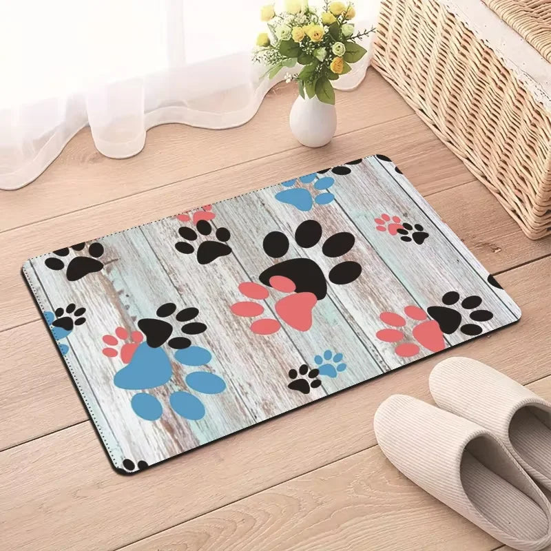 tapis absorbant antidérapant animaux violet bleu noir motif patte chien woof os floral
