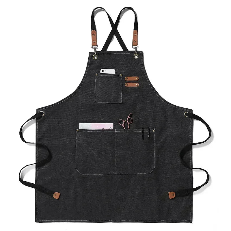 tablier toile coton gris classique poche fermeture boucles métal vintage cuisine chef
