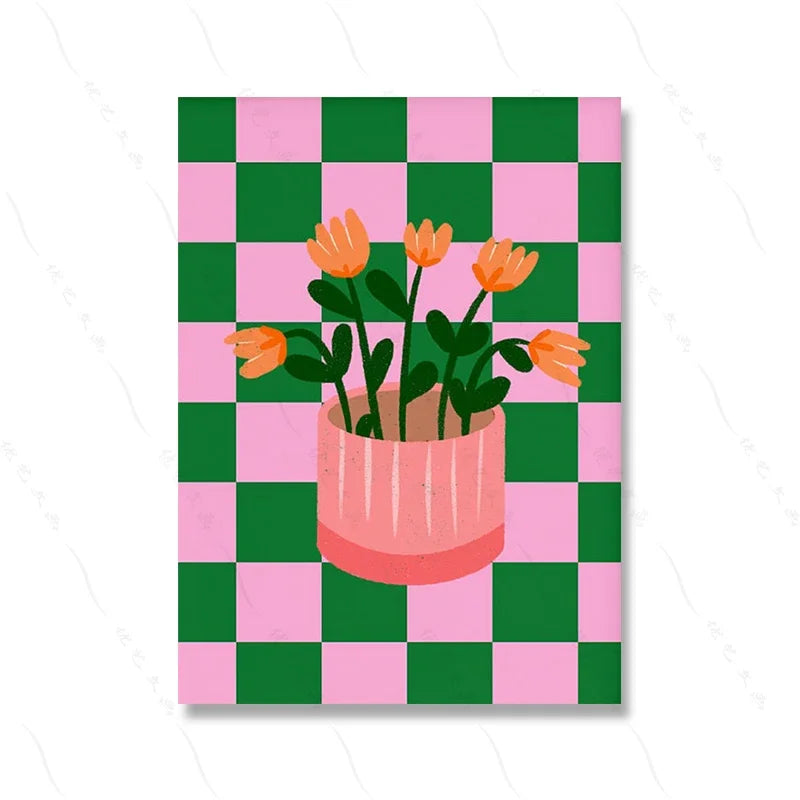 affiches art graphique floral moderne pop rose verte Jaune Blanc