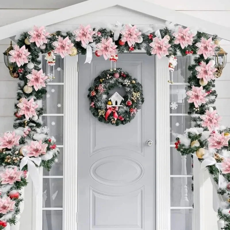 décoration noël fleurs artificielles rose glitter rouges décoratives festive maison