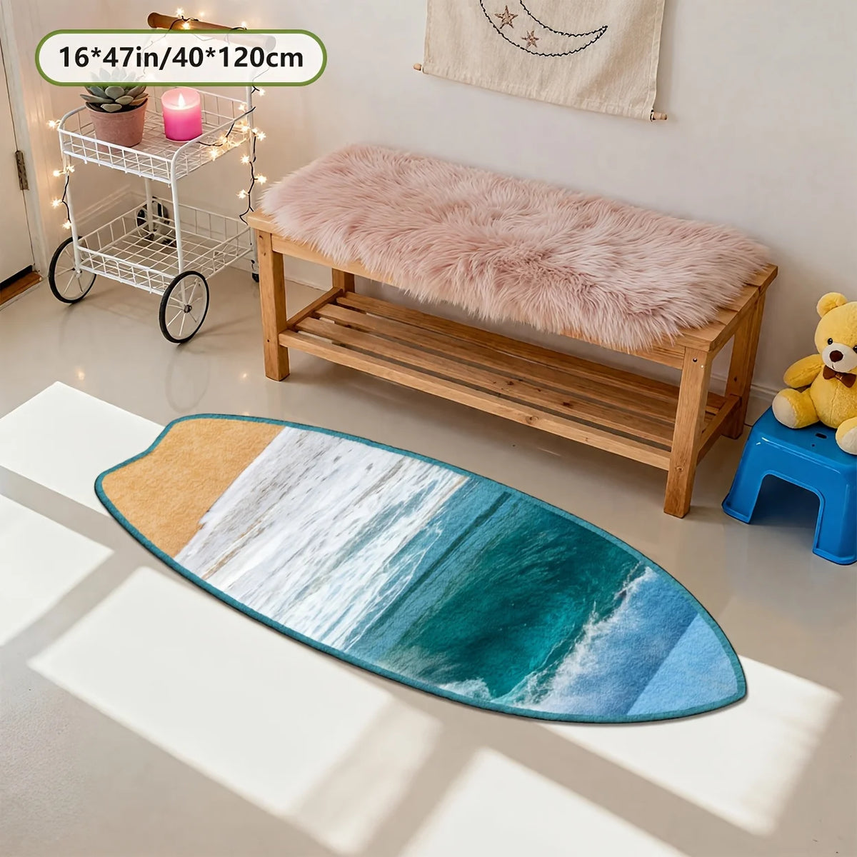 tapis forme planche surf plage vague sable couleur beige bleu blanc turquoise decoration intérieure