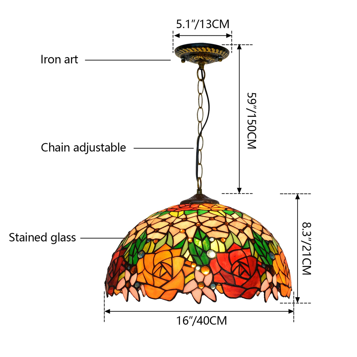 Lampe suspendue Tiffany mosaïque fleurs multicolore opacité chaîne salon chambre