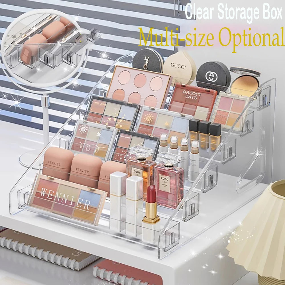 organisateur maquillage transparent palette fards plastique acrylique moderne minimaliste miroir table produits cosmétiques