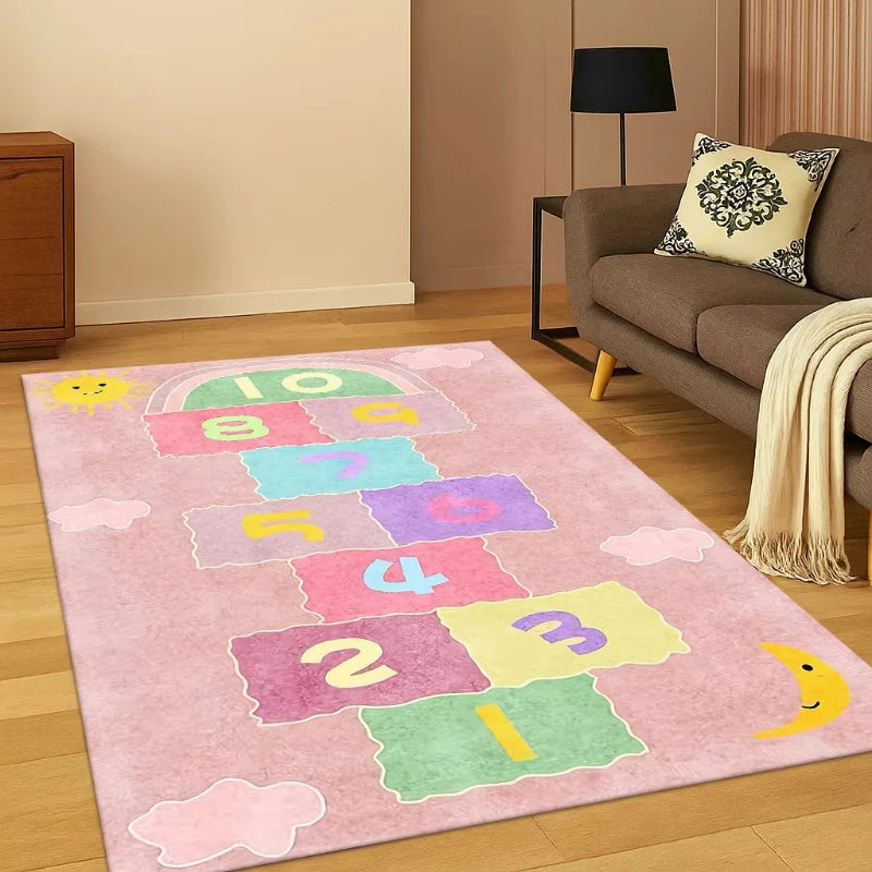 tapis enfant moderne rose clair bleu rouge jaune vert motif numéro empreinte pied lettres