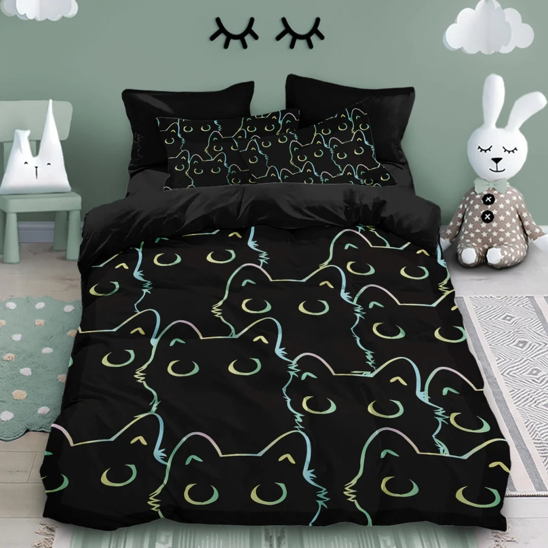 parure lit chats stylisés oreillers motif moderne enfant noir vert bleu jaune